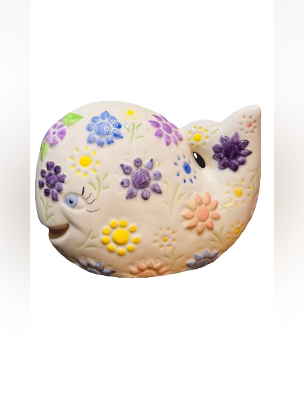 🔥 Vintage 1973 Flower Power Floral Ceramic Whale Figurine